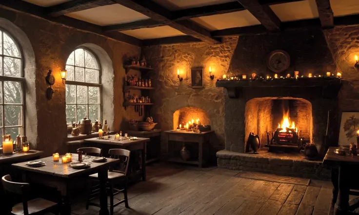 Setting: Dimly lit stone-walled pub interior, exposed wooden beams, flickering oil lamps and candles casting warm amber glow Atmosphere: Thick pipe smoke hanging in air, roaring hearth fire, holly and evergreen decorations, tin lanterns, pewter tankards Fe...