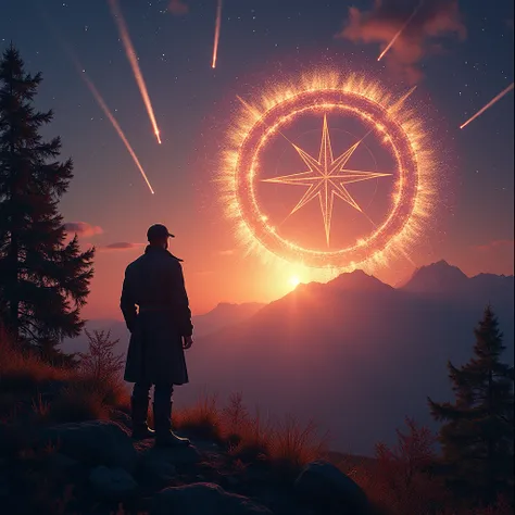 Vast landscape photos，A man in the garb of a mason looks up at the sky where the exploding fire forms the image of a squadron and compass（View from below with a view of the sky and nature below），（full moon：1.2），（meteors：0.9），(Cloud of stars：0.5），Distant mo...