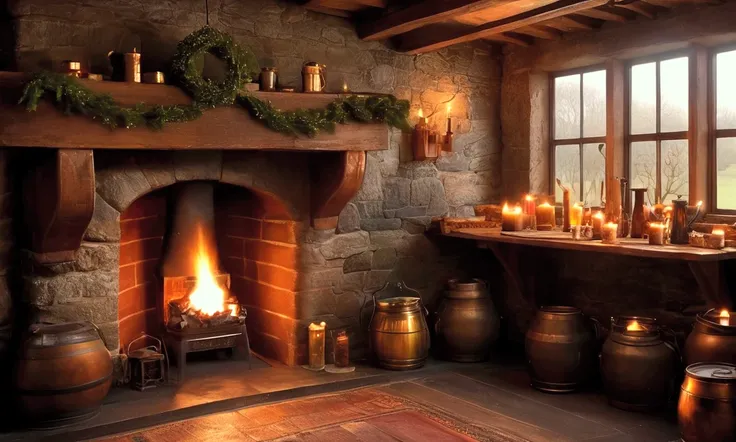 Setting: Dimly lit stone-walled pub interior, exposed wooden beams, flickering oil lamps and candles casting warm amber glow Atmosphere: Thick pipe smoke hanging in air, roaring hearth fire, holly and evergreen decorations, tin lanterns, pewter tankards Fe...