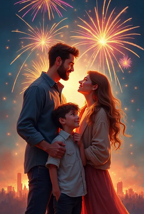 A family of a father mother and son with fireworks on the background on new years eve