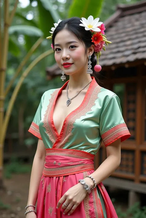 Create a detailed image of a Dai woman from Yunnan, China, wearing her modernand fusion with traditional attire. 
Model: Beautiful Chinese woman 20 years old, perfect figure and white skin with stunning D-cup breasts.
She is dressed in a fitted silk deep v...