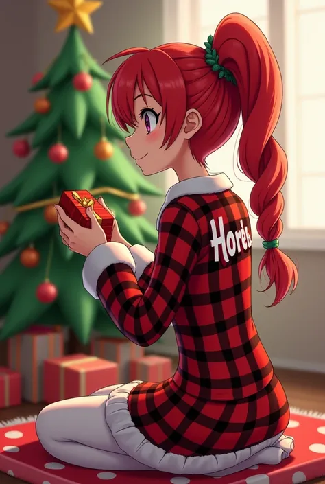  anime girl in checkered pajamas , with red hair,  font braided in a high ponytail .  On her back With white leggings in her arms , with a Christmas hat ,  sits next to her a large Christmas tree, present. Large 3D lettering on the back "Horek"