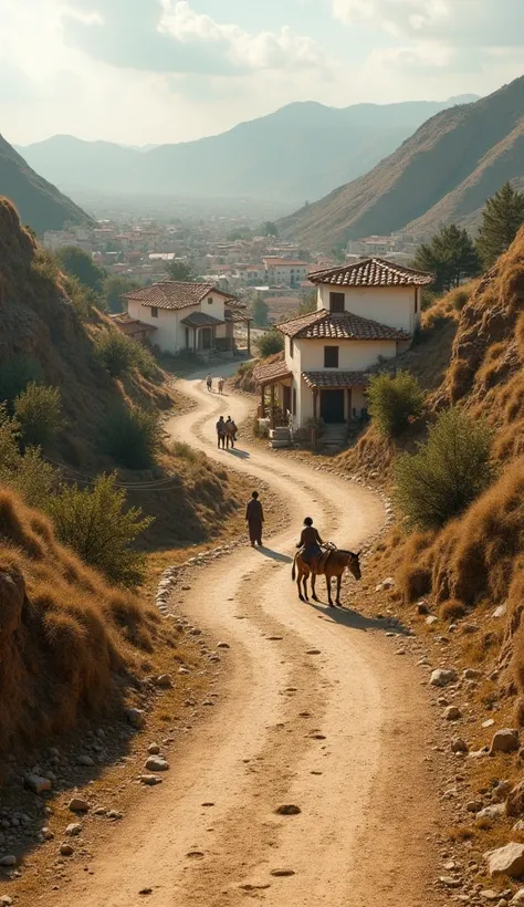 A panoramic view of a dirt road weaving through a Turkish village, shaped as if following the donkey’s natural path, with both the villagers and the engineer marveling at its design."