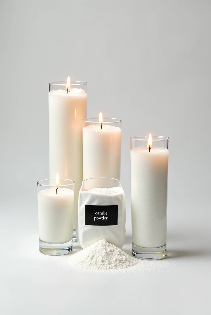 Several cylindrical glasses in different sizes filled with white candle powder ( make sure the texture shown in the photo is powder), all of them with a lit fuse in the center. Next to them is a transparent ziploc package filled with white powder and a squ...