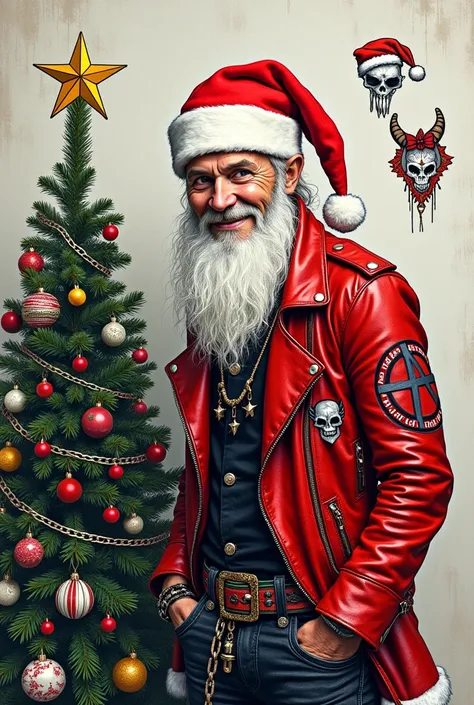  New Year card.  It depicts punk in the form of Santa Claus . Good punk ,  smiles.  Punk is wearing a Santa Claus hat and a red leather jacket  (classic).  The leather jacket is decorated with patches ,  rivets and chains .  You can see a skinny Christmas ...