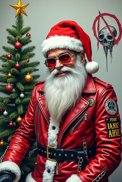  New Year card.  It depicts punk in the form of Santa Claus . Good punk ,  smiles.  Punk is wearing a Santa Claus hat and a red leather jacket  (classic).  The leather jacket is decorated with patches ,  rivets and chains .  You can see a skinny Christmas ...