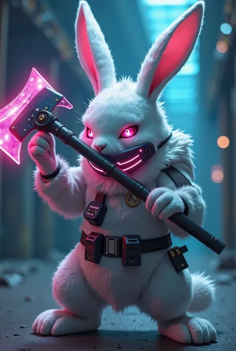 anime rabbit wearing futuristic mask in the mouth, looking to the right, holding a neon axe