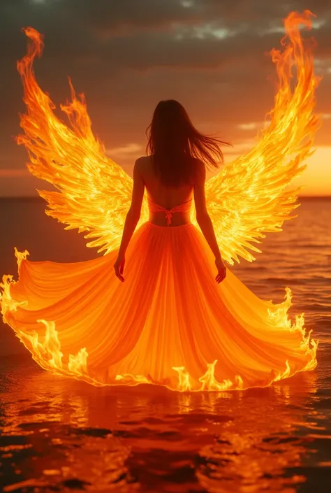 ((A dress made of fire:1.8)), crafted from real flames, ((the hem and vibrant layers of flames seamlessly blend together:1.4)), ((the hem resembles the wings of a fire phoenix)). A girl stands amidst a sea of fire, with an epic composition, surrealist phot...