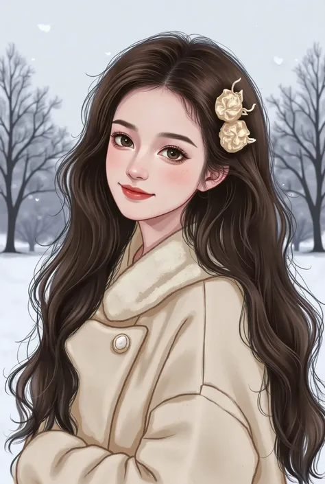 Girl, long brown hair, brown eyes, sharp features, white skin, light pink lip, perfect, sweater, winter coat .