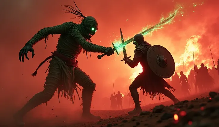 A nightmarish scene of a horrifying mummy striking down a human warrior in the middle of a chaotic battlefield, drenched in the eerie glow of a blood-red sky. The mummy, a grotesque mix of decayed flesh and exposed bone, wields a jagged, rusted sword emana...