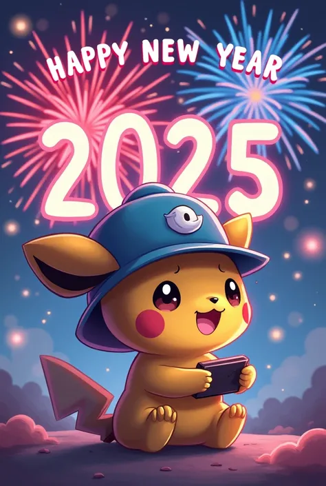 The card reads Happy new year 2025 . There is a picture of a friend as a cute Pokemon cartoon character playing phone games together with a rainbow of fireworks.