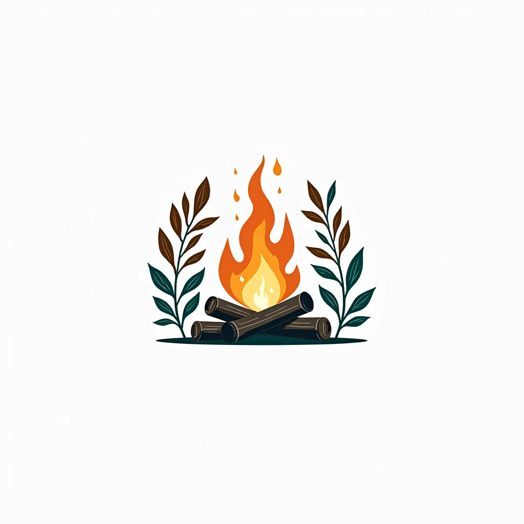 A vibrant bonfire, centrally positioned in a dark night scene.  Large, stylized flames, showcasing orange and yellow hues, shoot upward, surrounded by dark, stylized leaves and branches.  The logs that fuel the fire are depicted in various shades of dark b...