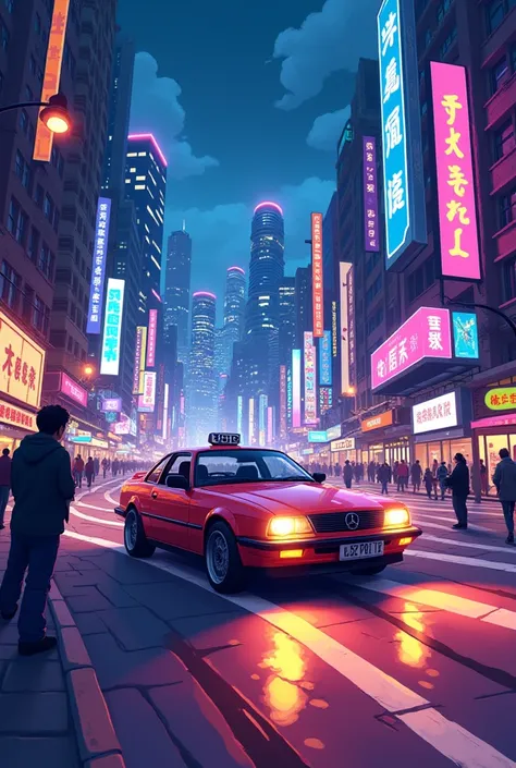 Picture of a bright city at night with a car in a birds-eye view;  IN CARTOON FORMAT 