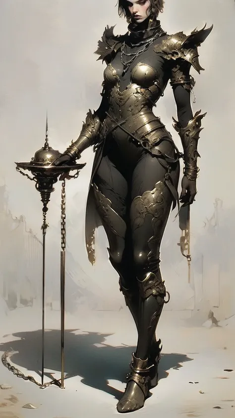 Sexy Asian women , Big buttocks，Full body image,  pale,  I have some freckles , ( wear chain plates and plates)),  Dark and Melancholy Ambience , (Full body image), (She wears metal leggings on her feet ), (Gauntlets), (Holding a metal bar),  (Wearing a he...