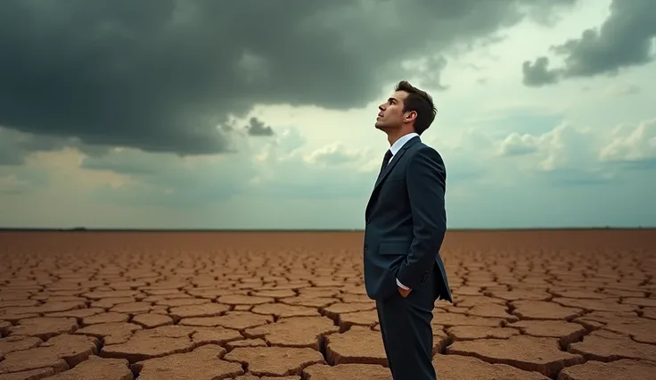 A well-dressed man stands in a cracked, dry field, surrounded by parched soil. Above him, dark clouds loom, but the ground remains barren. He looks up at the sky with a forlorn expression, as if hoping for rain or searching for answers."