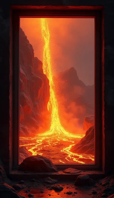 A cascade of molten lava flowing behind a window,beautiful detailed lava flow,a window overlooking a volcanic landscape,dramatic lighting,cinematic composition,intricate details,highly realistic,photorealistic,8k,hyper detailed,cinematic atmosphere,dramati...