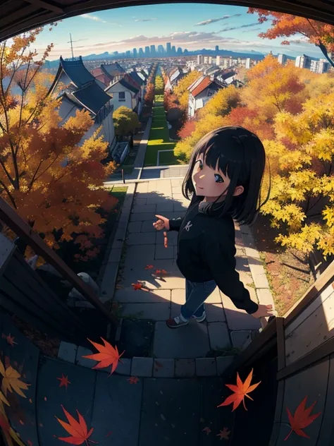 masterpiece， Top Quality ，    high image quality ，(   super flat   ，   FLAT SHADING    )，   fisheye lens， Overlooking the city in autumn from the park garden，高層ビルの側面を歩く girl がリュックサックを背負っている ，Autumn leaves，Snow Scene，Autumn sky，dusk，     Beautiful Sunset   ...