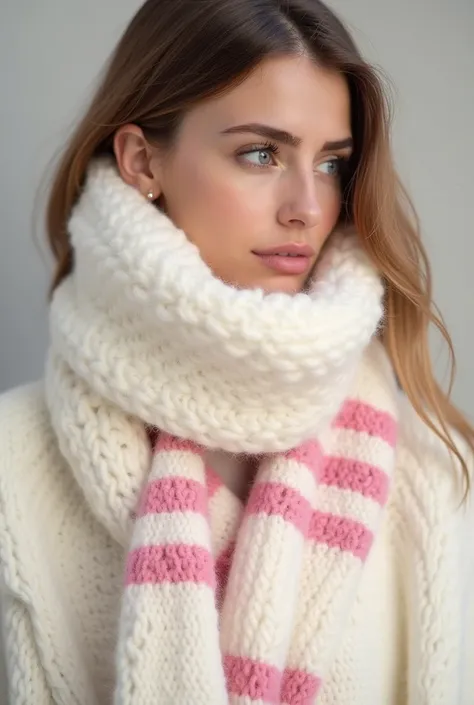 White woolen scarf with pink strips