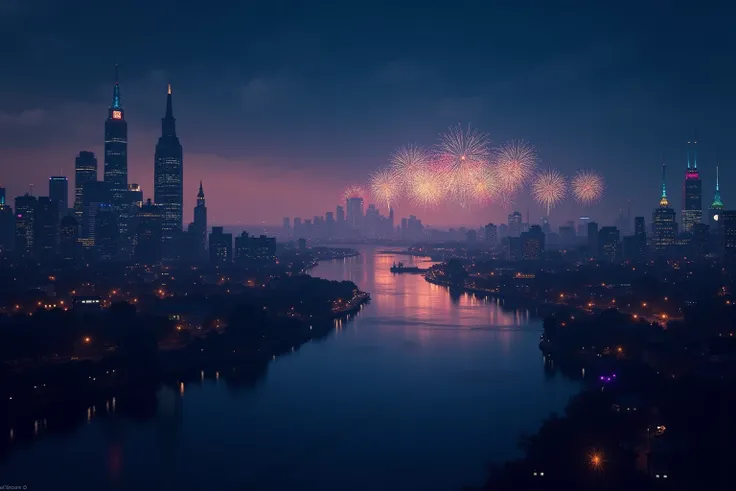 New Years Eve over the city, evening blue and river time and fireworks in the background. An enchanting landscape.