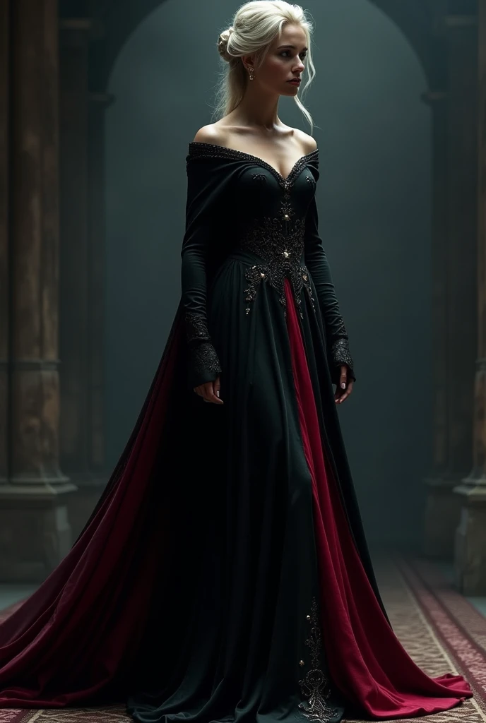 A dress like Elsa’s but not as revealing and black and red and drapy silken 