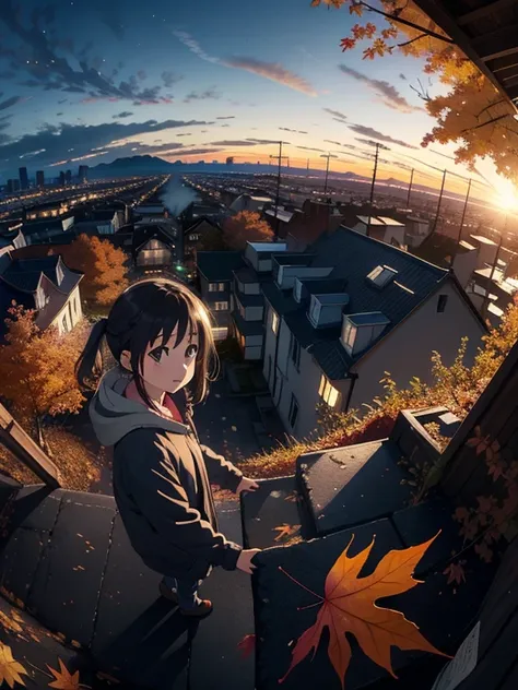 masterpiece， Top Quality ，    high image quality ，(   super flat   ，   FLAT SHADING    )，   fisheye lens， Overlooking the city in autumn from the park garden，高層ビルの側面を歩く girl がリュックサックを背負っている ，Autumn leaves，Snow Scene，Autumn sky，dusk，     Beautiful Sunset   ...