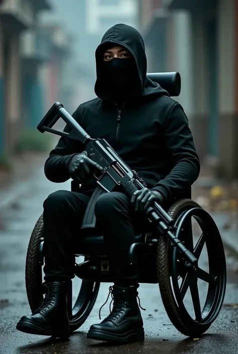 A teenager in a wheelchair who wears a black balaclava and who comes dressed all in black with an AK 47 in his hand