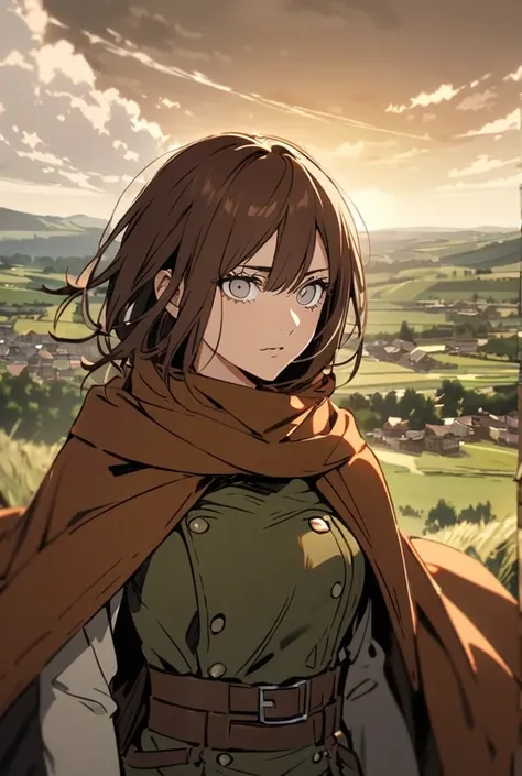  A girl with gray eyes and copper brown hair . The landscape is country ,  is dressed in the clothes of the Reconnaissance Legion from Attack on Titan 