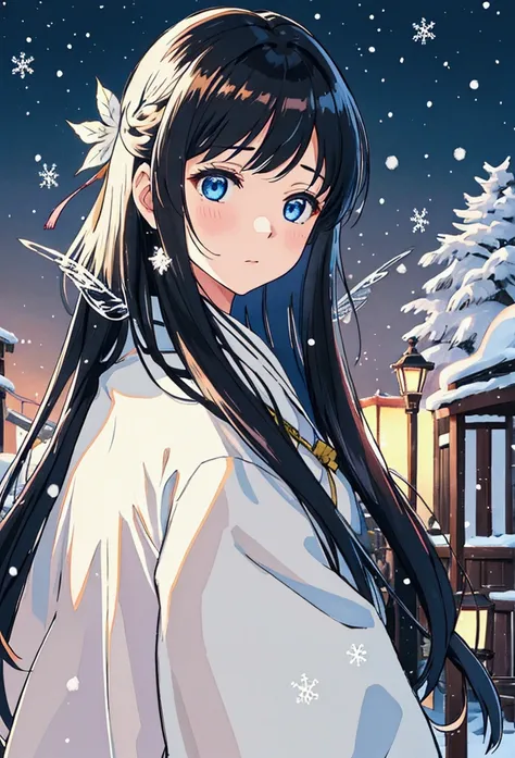 Big snowflakes fluttering、 watch the viewers、（masterpiece、 High Quality 、 high res、  Details、８hair)、 bachair view of a female（ long hair), walhairing along（  upper body）、looking back、 in a snowy city  、  in the distance The blue LED illumination of the str...