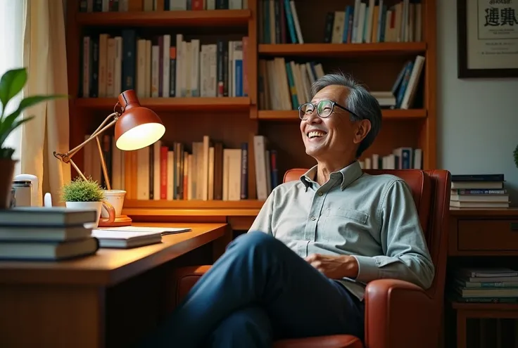 A highly realistic photograph of a Japanese father sitting in a compact yet cozy study room, smiling with joy. The father, wearing glasses and casual clothes, is seated in a comfortable chair by a wooden desk, surrounded by neatly organized bookshelves fil...