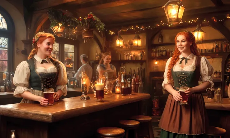 A dimly lit Irish pub in the 1800s, weathered patrons swigging pints of ale, lovely redheaded barmaids in nice dresses with exposed bosoms, celebrating New Years, (best quality,4k,8k,highres,masterpiece:1.2),ultra-detailed,(realistic,photorealistic,photo-r...