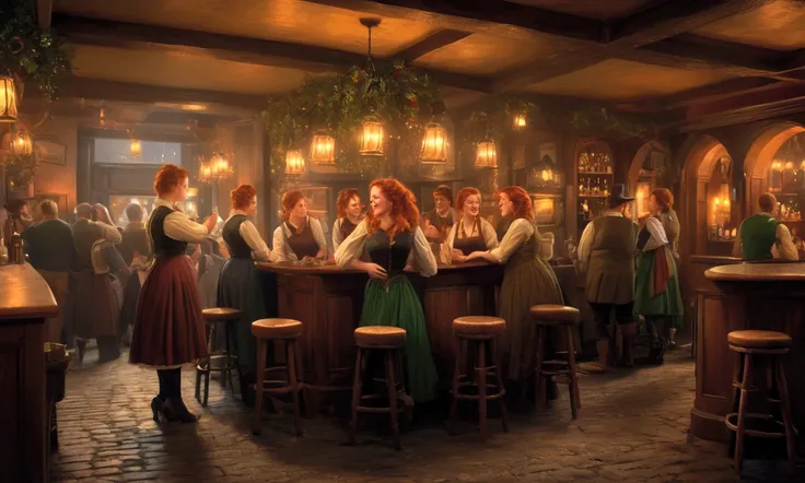 A dimly lit Irish pub in the 1800s, weathered patrons swigging pints of ale, lovely redheaded barmaids in nice dresses with exposed bosoms, celebrating New Years, (best quality,4k,8k,highres,masterpiece:1.2),ultra-detailed,(realistic,photorealistic,photo-r...