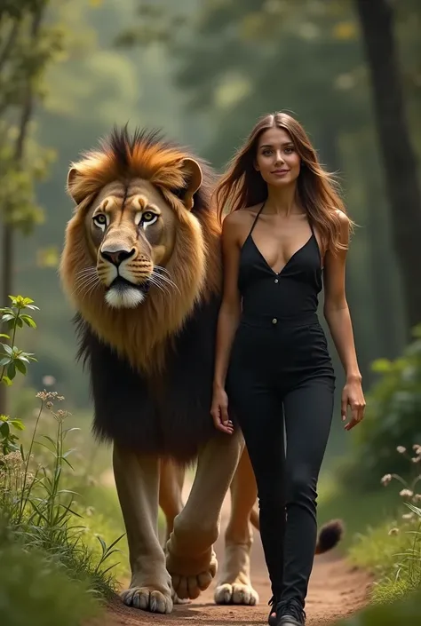 A beautiful woman dressed in black casual walking with a large lion 