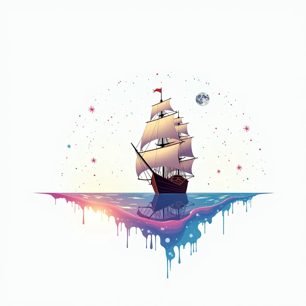 A large, dark wooden sailing ship with white sails glides across a body of water at night.  The water is a deep blue, dotted with countless shimmering, glowing particles that resemble scattered stars.  The ship is centrally positioned in the image, moving ...