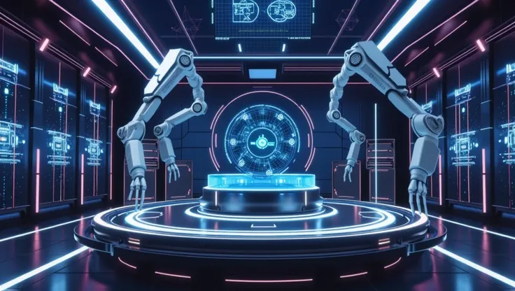 
"A futuristic and technological environment with advanced robotic arms operating in a high-tech laboratory. The setting is illuminated by neon blue and pink lights, featuring a glowing circular platform at the center projecting an interactive hologram fil...