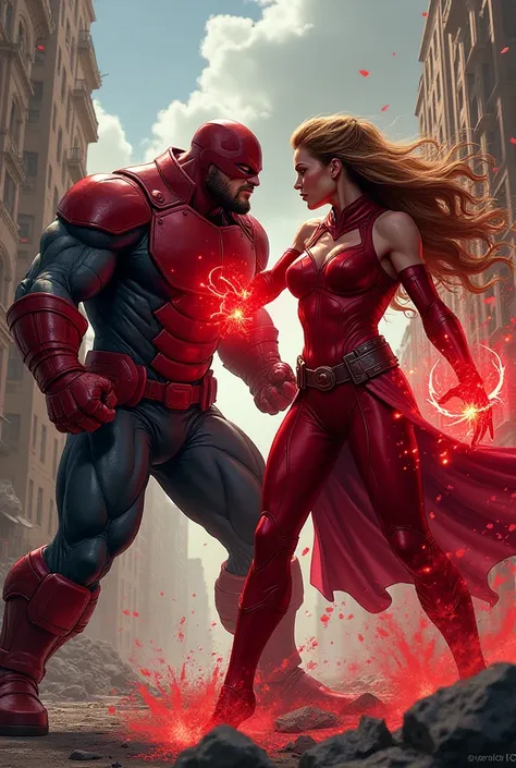 Juggernaut and the Scarlet Witch in a fighting stance, in the style of Marvel art.