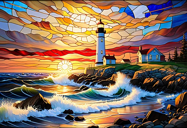 a painting of a Lighthouse on a rocky shore with waves,  stained glass art, Lighthouse, Lighthouse, bold Lighthouse in horizon,  fire stain glass  ,  stained glass style, masterpiece  stained glass, maxim verehin  stained glass, glowing  stained glass back...