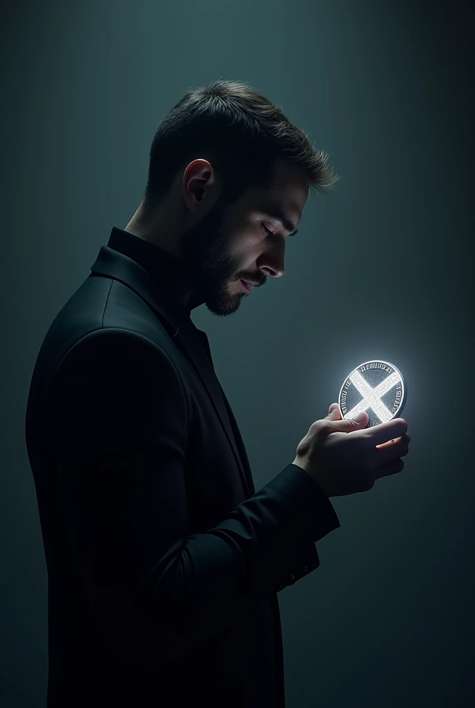 A beautiful image of a faceless man looking at a coin
Xrp is future 
Black 

