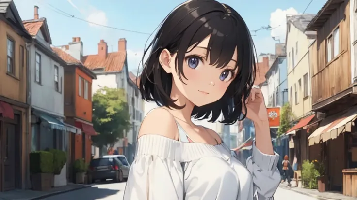 anime girl in white top and black skirt walking down a street, anime visual of a cute girl, smooth anime cg art, anime moe artstyle, attractive anime girl, young anime girl, guweiz, an anime girl, cute anime girl, realistic anime 3 d style, anime visual of...