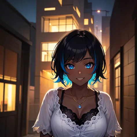 masterpiece, best quality, 1girl, ((solo)), (((teen girl))), ((dark-skinned female)), smile, looking at viewer, detailed eyes, ((short hair)), (((full black hair))), blue eyes, ((white lace dress)), ((happy)), cute, ((streets)), ((vivid colors)), ((night))...