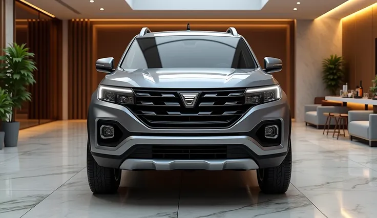 Ultra realistic image Of 2025 Dacia Bigster in Gray colour standing in luxurious showroom Front View