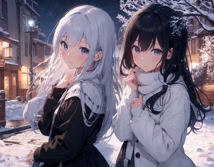  Fluttering snowflakes 、（masterpiece、 High Quality 、 high res、  Details、８hair)、 bachair view of a female（ long hair), walhairing along（  upper body）、looking back、 in a snowy city  、  in the distance The blue LED illumination of the street tree is shining、 ...