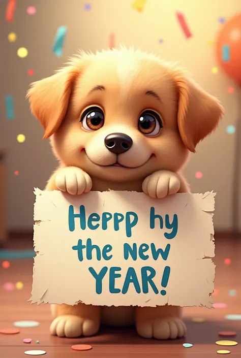 Cute dog holding a sign that says happy new year