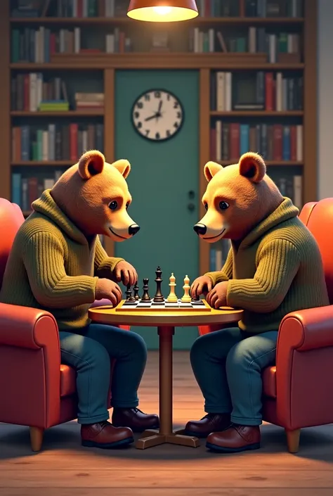 Two serious male bears (49 years old) are playing chess in the  living room. Each one is sitting on an armchair. The chess board is on a table.  There is a book case in the background and a clock on the wall   the lines of the drawing are clear and black a...