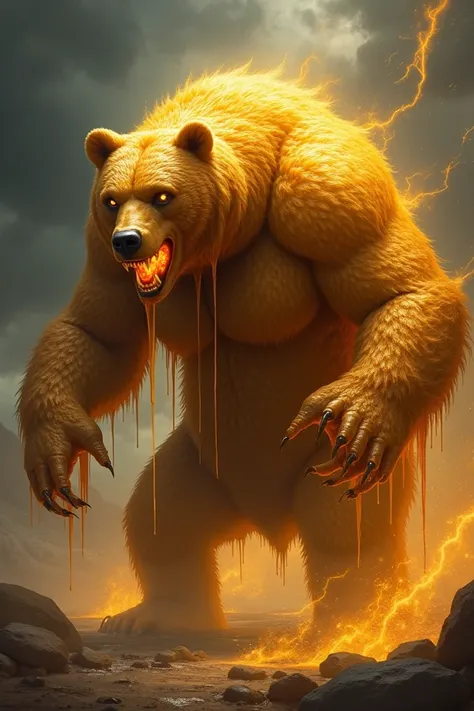 "Design a hybrid creature that combines the features of honey and a bear into a single, monstrous entity. The creature should have the powerful, imposing body of a bear, but its fur is made of thick, dripping honey that shines with a golden, viscous glow. ...