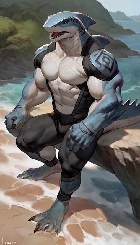 sharkman, gray belly, black and blue hands and fins, black back, solo, big arms, bara, detailed smooth skin on abs, lizard shark hybrid, anthro, closed mouth, tribal shark tattoos on the body, detailed scales, scalie arms, muscular, thick scales on arms an...