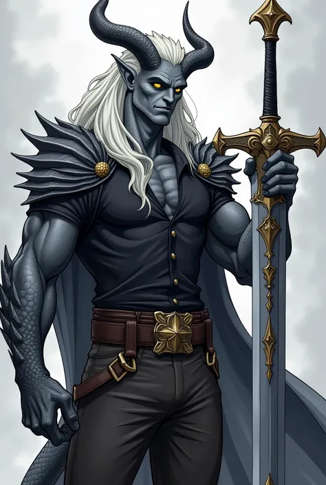 tall and strong man, handsome human with gray skin, dragon like scales and horns, white and long hair, yellow eyes. His clothes are leather pants and black shirt, fantasy style, have a greatsword with dragon design. Anime style