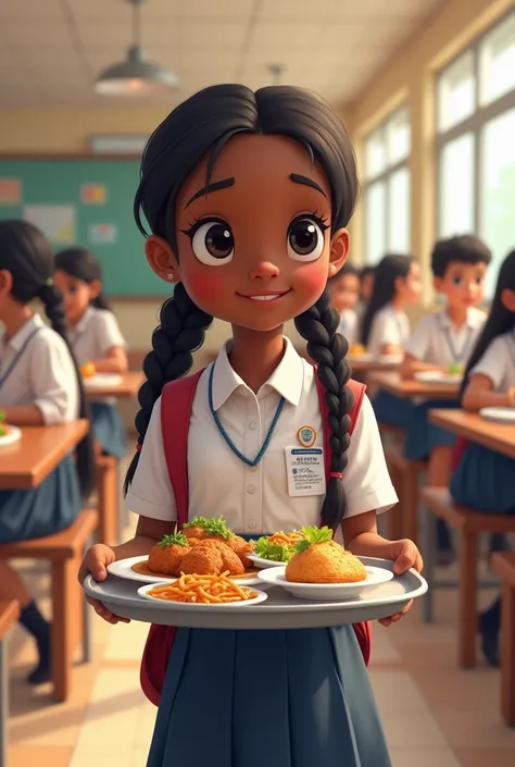 A Nigerian teen girl carrying her food in the school dining hall waiting for her Korean friend 