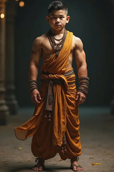 Create my image like this : a small boy had a muscular body and wearing devotee clothes 