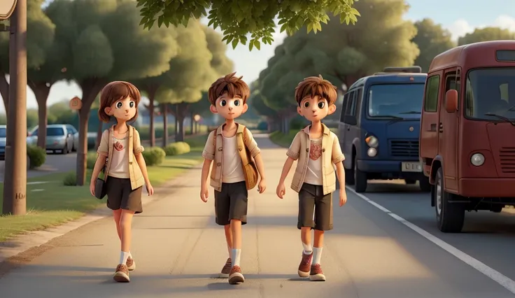 A single girl and a single boy are walking along a road