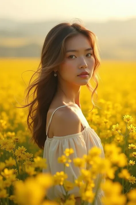 A beautiful young woman is standing in a mustard field